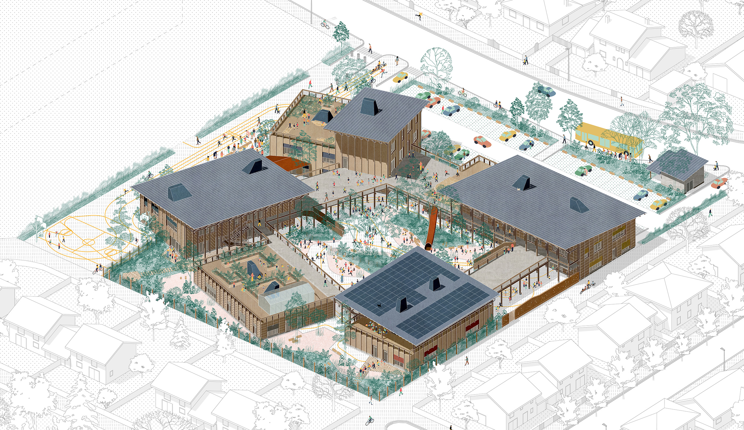 Compagnie architecture, groupe scolaire Frida Kahlo, Bruges, axonométrie